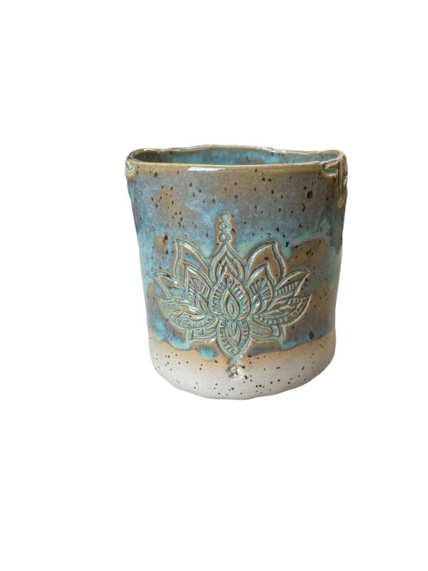 Teetasse getöpfert Keramik handgemacht blau türkis Tee Kaffee boho Lotus Yoga